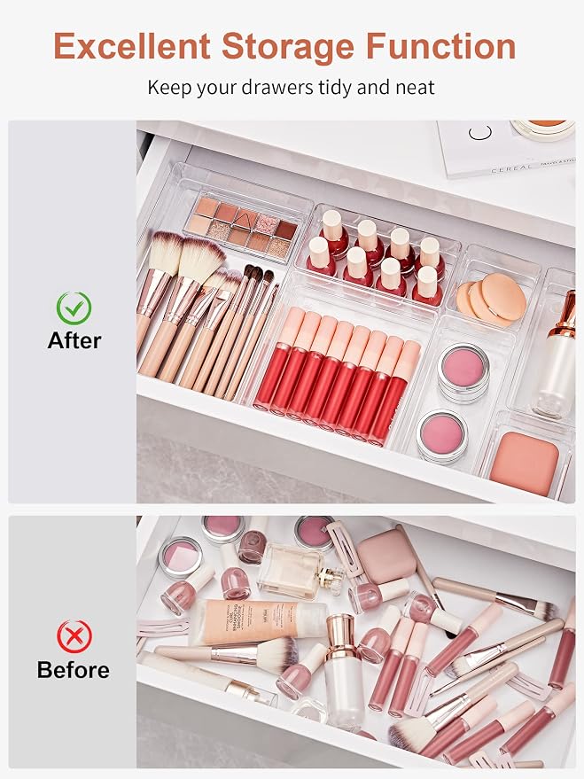 SMARTAKE 16 PCS Drawer Organizer, 5-Size Desk Bathroom Drawer Organizer | 5-Size Storage Tray with Non-Slip Silicone Pads for Makeup, Jewelries, Utensils in Bedroom Dresser, Office and Kitchen, Clear