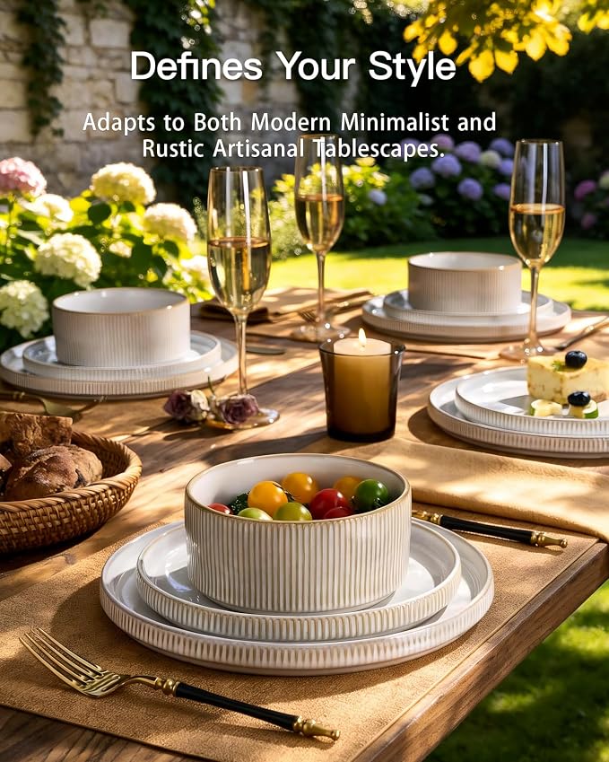 Stoneware Dinnerware Sets, Reactive Glaze Dishes Set for 8 | 24-Piece Ceramic Plates and Bowls Set, Microwave & Dishwasher Safe, Chip & Scratch Resistant, Modern Rustic, Cappuccino White