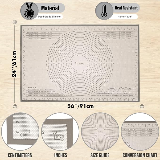 Silicone Pastry Mat 36x24 Inch Nonstick Baking Mat -Perfect for Dough, Pastry, Dough Rolling, Kneading Board, Pie Crust, Fondant, Pasta/Pizza, Kitchen Counter Mat