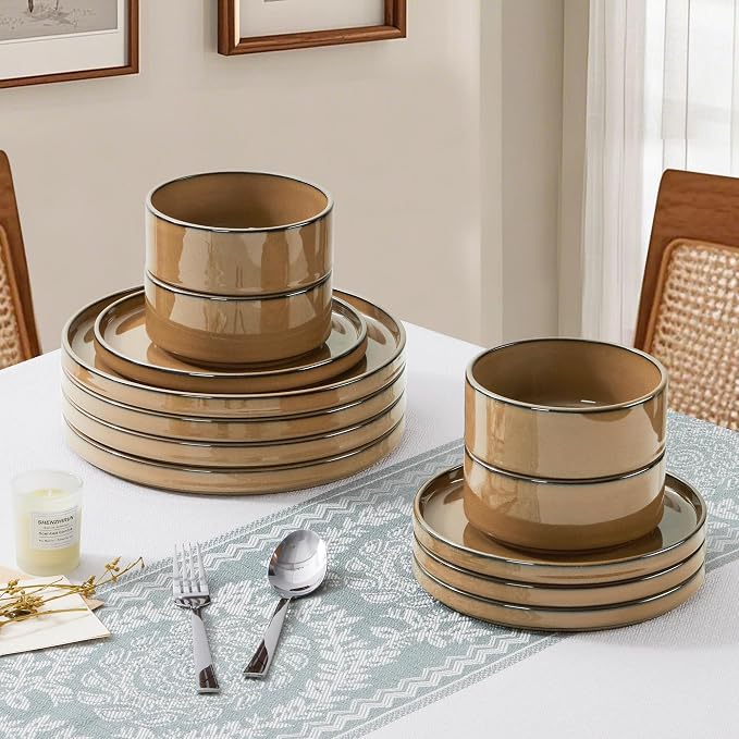 LIANYU Dinnerware Sets for 4, 12 Piece Modern Stoneware Dishes Set | Elegant Plate and Bowl, Ceramic Dining Dishware for Dinner, Rustic Terracotta Bottom, Microwave & Dishwasher Safe, Amber Gold
