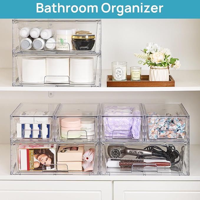 Vtopmart Clear Stackable Storage Drawers, 3 Pack Wide Organizer Set | Wide and Small Pull-Out PET Drawers with Stackable Design for Bathroom Organization, Cabinets, Closets, Pantry and Medicine