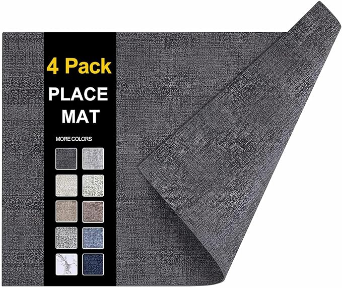Faux Leather Heat Resistant Placemats 4 Packs, Waterproof Wipeable Dining PU Place Mats for Indoor & Outdoor, Easy to Clean, Charcoal