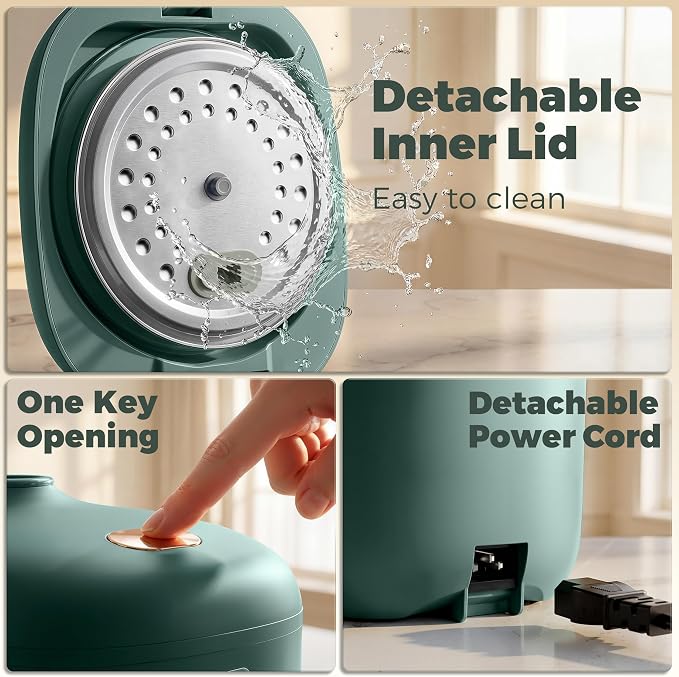 CHACEEF Rice Cooker 2 Cups Uncooked, 1.2L Portable Rice Cooker Small, Green | Smart Control, Non-Stick Pot, 24H Timer & Keep Warm, Multifunction for Soup, Oatmeal & Grain, Ideal for Dorm, Office & Travel