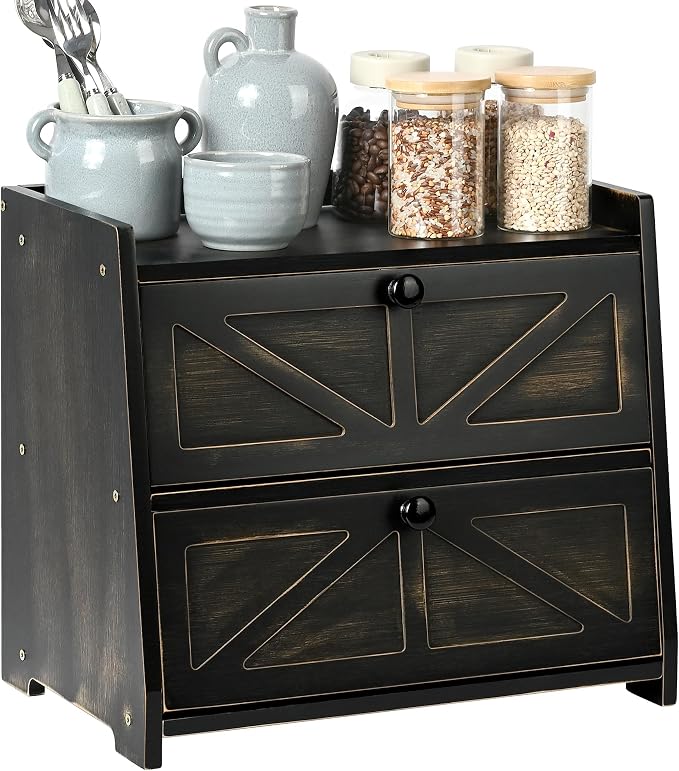 Bamboo Corner Bread Box for Kitchen Countertop 2-Tier Black | Farmhouse Bread Storage Container, Large Pantry Organizers for Homemade Snacks, Loaves, Breathable Keeps Bread Fresh