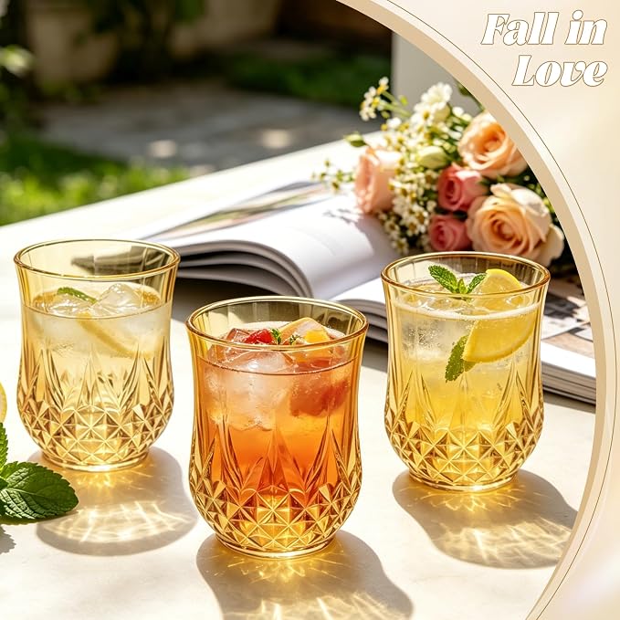 100 Pack Plastic Stemless Wine Glasses, 12oz Unbreakable Wine Cups | Reusable Fancy Vintage Drinking Glass Bulk for Cocktail, Whiskey, Juice, Elegant Decor for Wedding, Party & Holiday Events