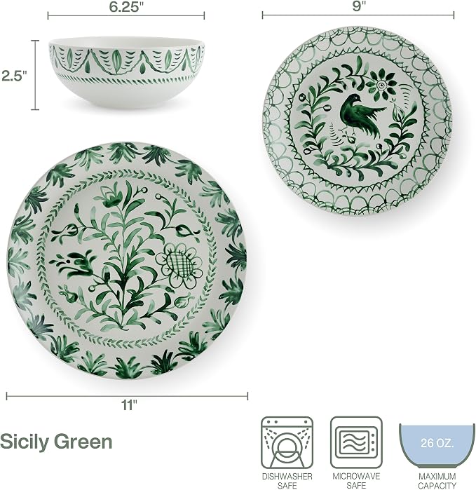 Fitz and Floyd Sicily Green 12-Piece Dinnerware Set - Stoneware Plates and Bowls Set for 4, Floral Green and White Dish Set, Microwave and Dishwasher Safe