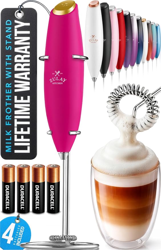 Zulay Kitchen Powerful Milk Frother Wand With Duracell Batteries - Ultra Fast Handheld Drink Mixer - Electric Whisk Foam Maker for Coffee, Lattes, Cappuccino & Matcha - Z1 Motor - Hot Pink Gold