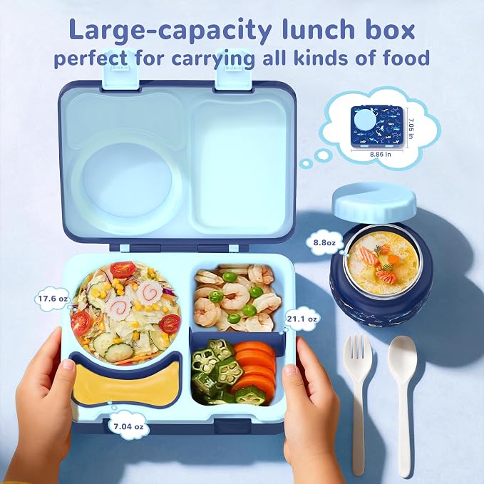 Bento Lunch Box for Kids Adult, Leakproof 3-4 Compartment Bento Box Set with Insulated Food Jar,Water Bottle, Lunch Bag, School Lunch Container for Toddler Teen Girls Boys Ages 3+(Shark)