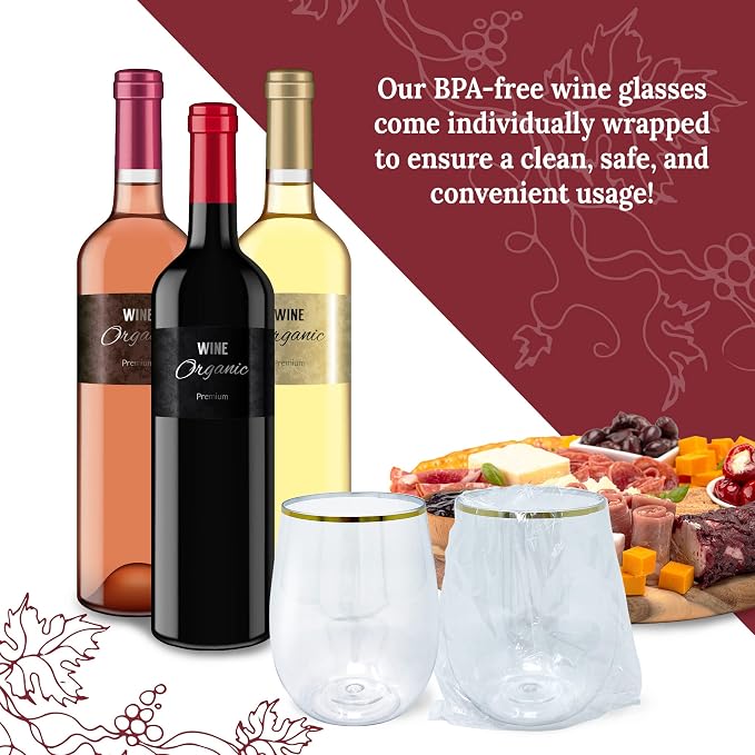 Reli. 12oz. Disposable Wine Glasses Gold-Rim (20 Pack) Stemless | Crystal Clear | Reusable & Recyclable BPA-Free Food-Grade Plastic | Shatterproof Party Cups for Juices, Cocktails, Whiskey