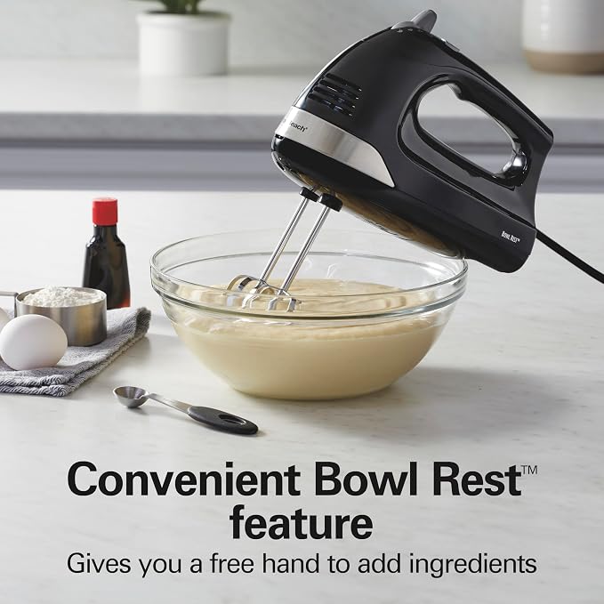 Hamilton Beach 6-Speed Electric Hand Mixer With Easy Clean Beaters | Traditional Beaters | Dough Hooks | Whisk | Snap-On Storage Case | 275 Watt Motor | Black | 62639J