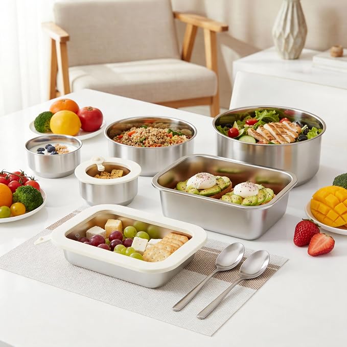 Stainless Steel Food Containers with Glass Lid, Airtight Leakproof Stainless Steel Storage Containers in set of 3, Rectangle Shape, Microwave Safe Food Storage Container Set, 100% Plastic Free