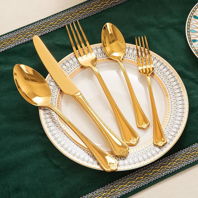 40 Pcs Gold Silverware Set, 18/10 Stainless Steel Flatware for 8 | Vintage Cutlery Set for Kitchen, Home, Wedding, Party, Mirror Polished and Dishwasher Safe, Featured Gifts