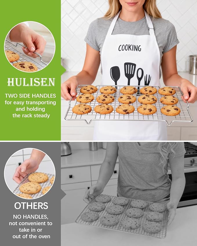 HULISEN 304 Stainless Steel Cooling Rack with Handles, 2-Pack, 16 x 10 Inch | Baking Rack for Half Sheet Pan, Dishwasher Safe, Oven Safe 500°F, Easy Transfer Design, For Baking, Roasting, Cooling Food