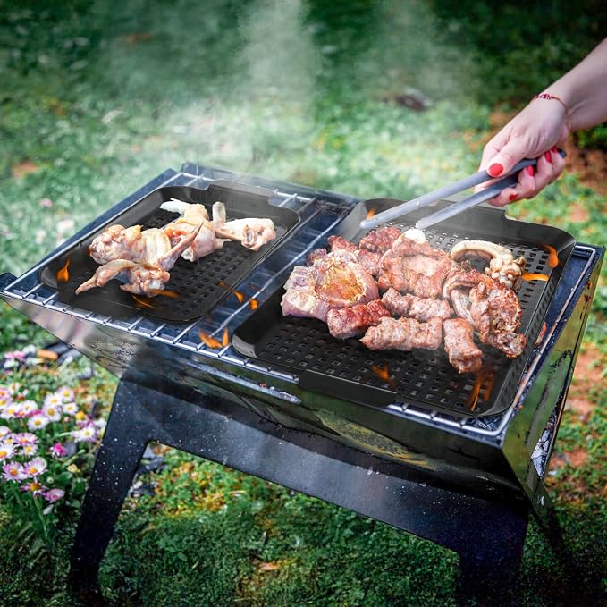 Covzoe 2 Pack Grill Pans, Nonstick Grill Topper for Outdoor Grill, BBQ Grilling Baskets with Perforated Bottom, Heavy Duty Carbon Steel Grill Grid for Cooking Camping, 16.5" x 10" and 13" x 7.4"