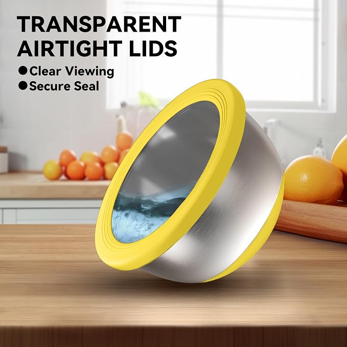 KITEISCAT Stainless Steel Mixing Bowls with Lids – Set of 5 Large Nesting Metal Bowls for Kitchen, Baking, Cooking, Food Prep & Storage, Non-Slip Base, Dishwasher Safe,Yellow
