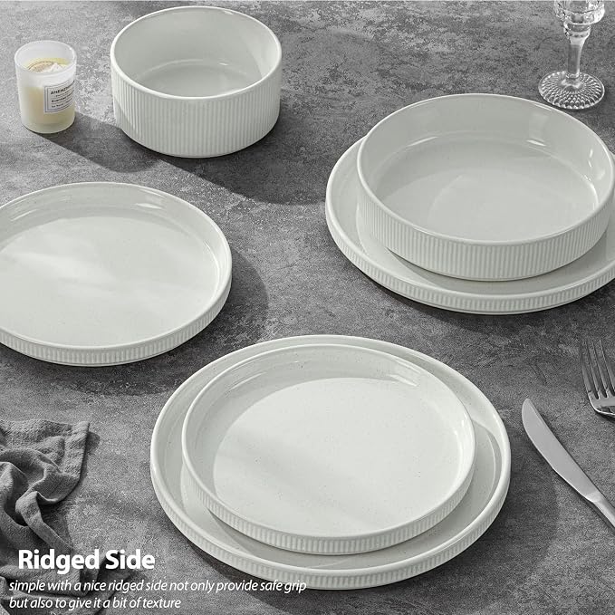 LIANYU 24 Piece Dinnerware Sets with Double Bowls, Ceramic Plates and Bowls Set for 4, Ribbed Stoneware Dishes for Home Kitchen, Microwave and Dishwasher Safe, Speckled White