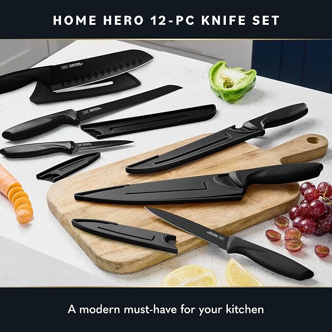 Home Hero High Carbon Stainless Steel Knife Set - Chef Knife Set Precision Slicing & Versatility - Nonstick Ceramic Coated Blades & Easy Cleaning - Ergonomic Handles & Secure Grip - 12-Piece, Black | High Carbon Stainless Steel Chef Knife Set - Ceramic...