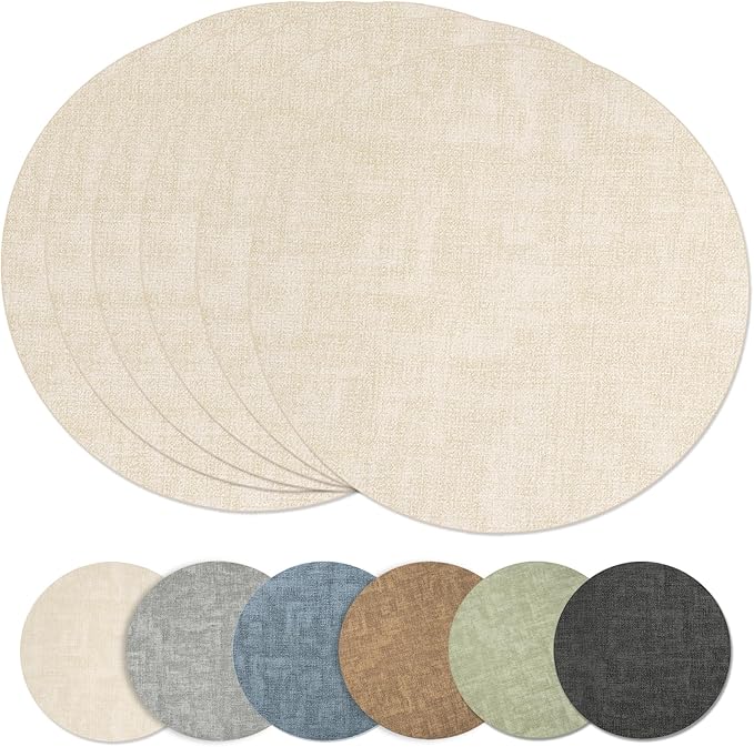 Maxpearl Faux Leather Round Placemats Set of 6, 13.8 inch, Beige | Waterproof, Heat Resistant, Non Slip, Wipe Clean Dining Table Place Mats, Suitable for Indoor & Outdoor Use, Table Settings