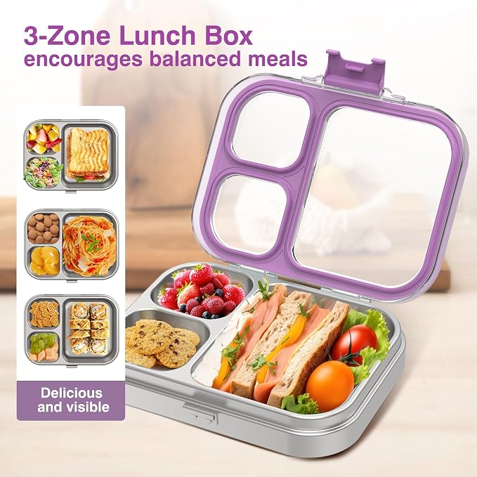 HOMEKOL Stainless Steel Bento Lunch Box, Purple, 3.3Cups | 3-Compartment,Leak-Proof, for Kids & Adults, BPA-Free, Dishwasher Safe, Clear Tritan Lid, 800ml (Not Insulated)