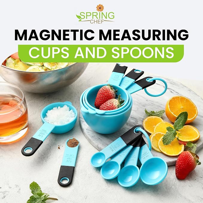 Spring Chef Magnetic Measuring Cups and Spoons Set of 9 - Aqua Sky | for Dry & Liquid Ingredients - Food Safe & BPA Free - Nesting Design - Dishwasher Safe