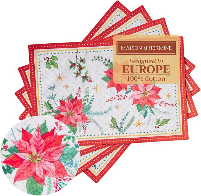 Maison d' Hermine Placemats Set of 4 Reusable 100% Cotton (13"x19") | Cloth Place Mats Washable Table Mats for Kitchen Dining Party Wedding Home Thanksgiving Christmas - Poinsettia Christmas