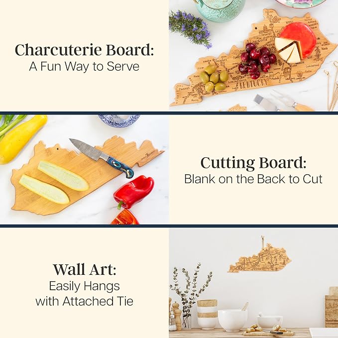 Totally Bamboo Destination Kentucky State Shaped Cutting Board | State charcuterie serving board with engraved map artwork. Smooth reverse side for food prep. Hang tie for wall display.