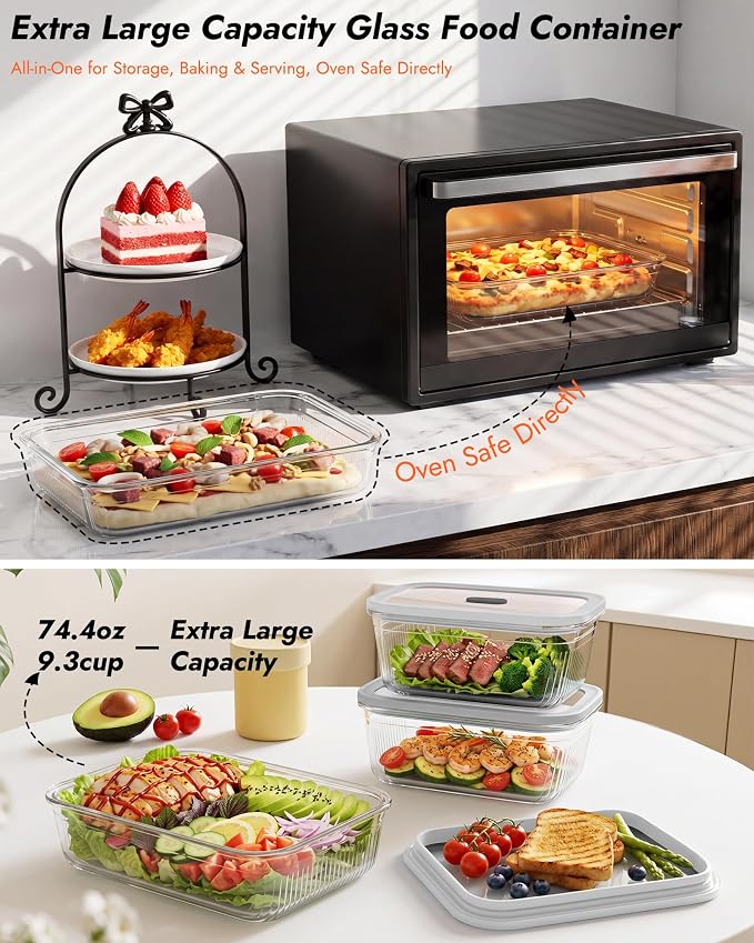 2 Pack Glass Food Storage Containers with Tempered Glass Lids & Steam Valve, 74oz(9.3 Cup) Airtight Leak-Proof Meal Prep Containers for Microwave/Oven/Freezer, Borosilicate Glass, Gift Box