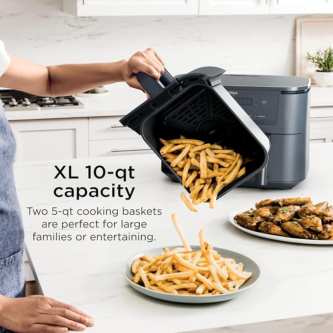 Ninja 6-in-1 10 QT Air Fryer, Foodi Smart Thermometer, Roast, Bake, Air Fry, Crisps, Broil, Reheats, Keep Warm, Fries, Frozen Food, Veggies, & Meat, Light Grey, DZ550GY (Renewed)