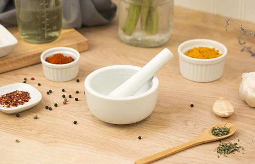 HIC Kitchen HIC Mortar and Pestle Spice Herb Grinder Pill Crusher, Fine-Quality Porcelain, 3.5-Inch, White (Pack of 4)