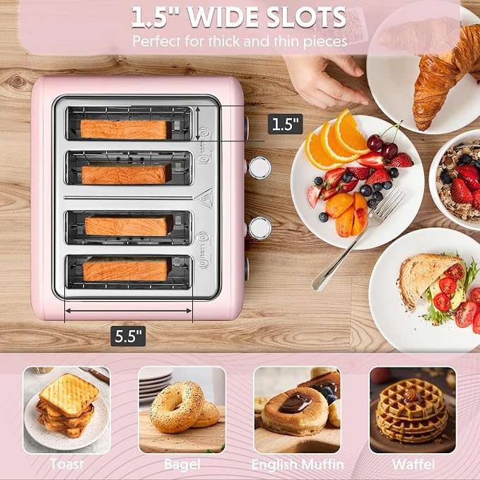 BUYDEEM DT640 4-Slice Toaster, 7 Shade Settings, Extra Wide 1.5’’ Slots for Bagel & English Muffin, 6 Toasting Functions, Retro Stainless Steel Toaster with High Lift Lever, 1800W, Pink