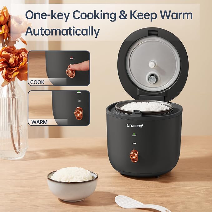 CHACEEF Rice Cooker 2 Cups Uncooked, 1.2L Portable Rice Cooker Small, Black | Non-Stick Pot, Auto Keep Warm, for White & Brown Rice & Oatmeal, Portable for Travel, Dorm & Office, Compact & Easy to Store