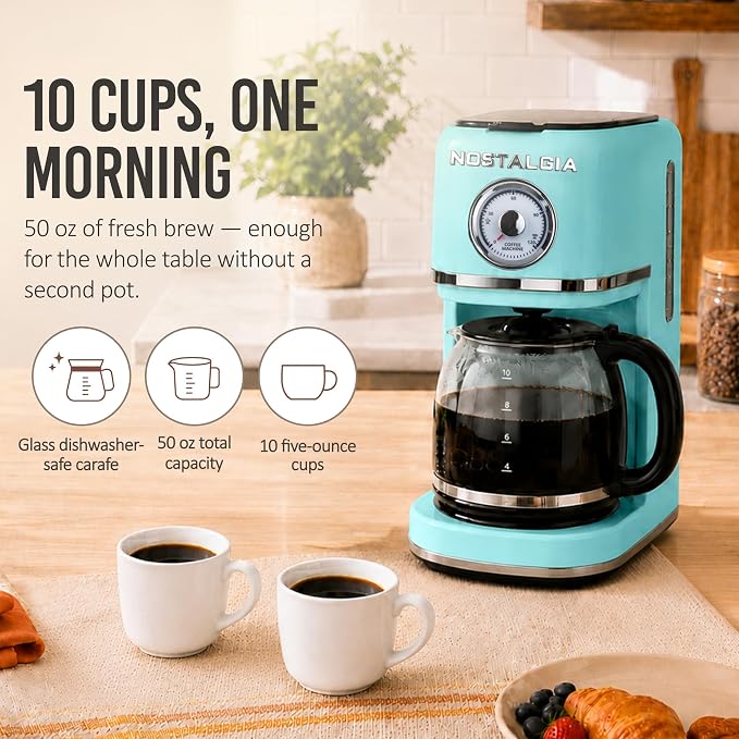 Nostalgia Classic Retro 10 Cup Coffee Maker - One-Touch Drip Brew, Reusable Filter - Anti-Drip, Auto Shutoff, & Time Display - Dishwasher Safe 50 oz Carafe - Aqua