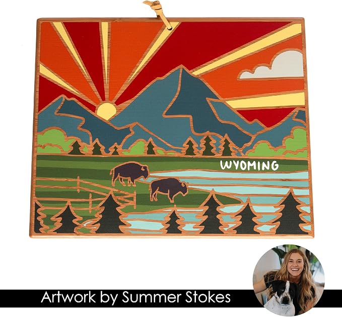 Totally Bamboo Wyoming State Shaped Cutting Board, Summer Stokes Art | State charcuterie board with colorful hand-drawn landscape art. Smooth reverse side for food prep. Hang tie for wall display.