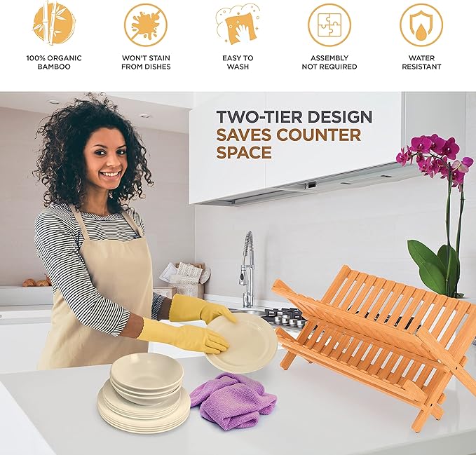 Bambüsi Collapsible Dish Drying Rack, Foldable Kitchen Counter Dish Drainer | Dish Rack Folds Flat, Space-Saving Bamboo Strainer, No Assembly, Holds Plates Cups Bowls Mugs Utensils, for Home, RV, Dorm