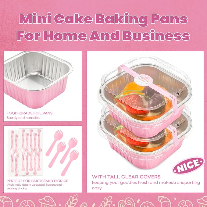 NPLUX Square Cake Pans with Lids, 50 Pack Pink 10oz for Birthday Treats | Works for crumble cups, panna cotta, custard and snack servings; label area supports flavor organization.
