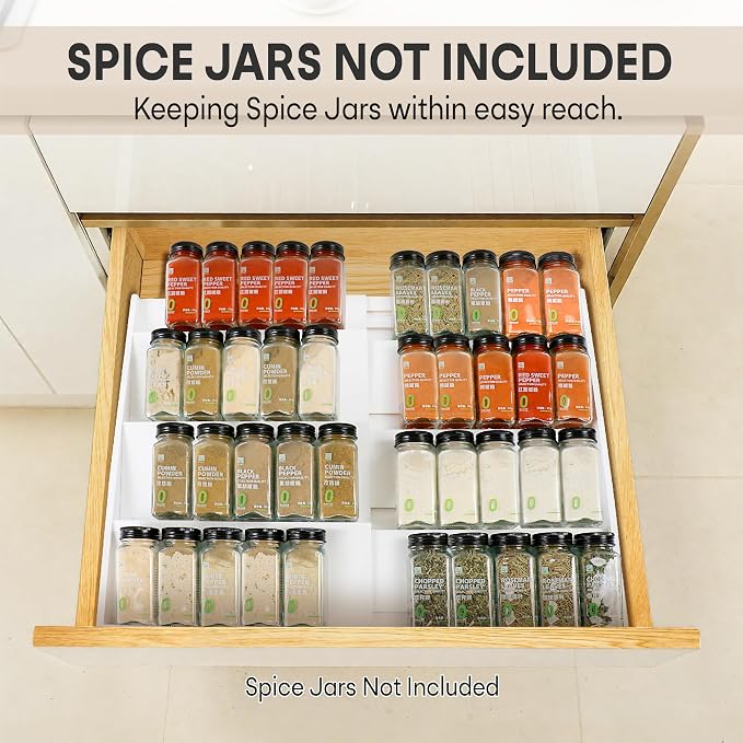 Bamboo Spice Drawer Organizer, 4-Tier Spice Rack for Cabinet | 12"-23" Expandable,No Assembly,Seasoning Storage Insert,(Need 3.1” Deep Drawer) Spice Organizer for Drawer,Jars Not Included