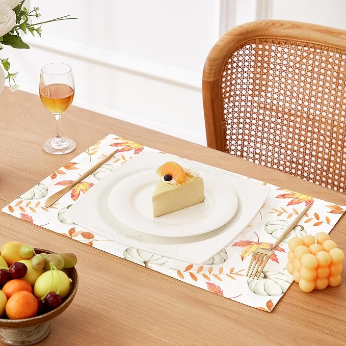 QIYI Boho Table Placemats Set of 6, 12"x18" Linen Place Mats, Maple Pumpkin | Fabric Place Mats for Kitchen Dinning, Farmhouse Rustic Cloth Table Mats, Washable Placemat Party Table Décor