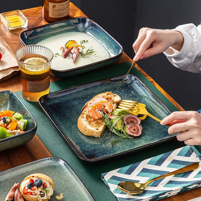 vancasso Stern Dinnerware Sets for 4, 16 Piece Stoneware Plates and Bowls Set, Square Reactive Glaze Ceramic Dish Set with Dinner Plates, Salad Plates, Cereal Bowls and Pasta Bowls, Green