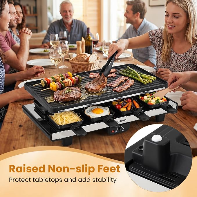 COSTWAY Raclette Grill for 8, 2-in-1 Table Grill & Griddle with Reversible Nonstick Plate, 8 Cheese Pans, 8 Wooden Spatula, Tong & Adjustable Temp Control, 1400W Electric Griller for Indoor & Outdoor