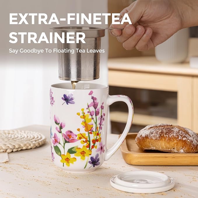 GBhome Tea Mug with Infuser and Lid,18 Ounce Ceramic Loose Leaf Cup Steeper | Lead-Free Glaze For Tea Lovers,Microwave & Dishwasher Safe with Tea Strainer