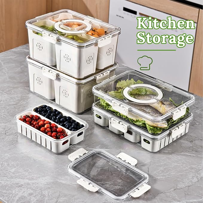 Fruit Storage Containers for Fridge with Lid and Handle, Veggie Tray Bins | Portable Fresh Produce Saver, Food Storage Container with 4 Removable Strainers,Salad Bar for Berry, Vegetable, Refrigerator