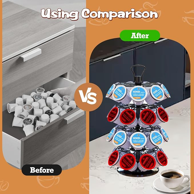 K Cup Holder,4-Tier Coffee Pod Holder Storage Organizer Stand,Holds 36 Pods | K Cup Carousel, 360°Rotating K Cup Organizer, Space-Saving for Countertop, K Cups Holder Easy Assembly, Glossy Black Finish