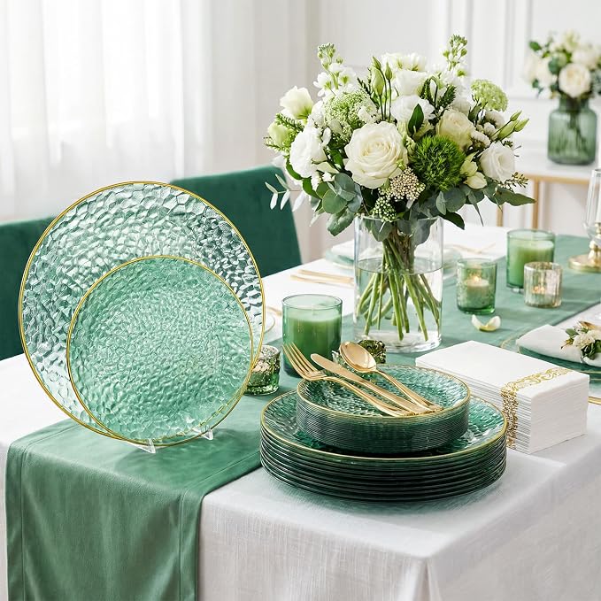 DaYammi 175 Pcs Green Plastic Plates Dinnerware Set (25 Guests), Hammered Plates Sets, Green Party Platos Set include 50 Disposable Platos, 75 Gold Plastic Silverware, 25 Cups 25 Napkins