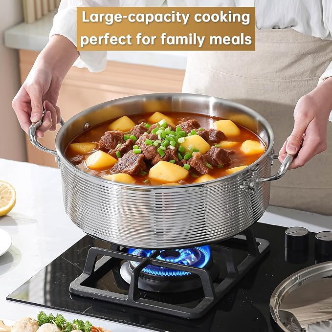 DELARLO Tri-Ply Stainless Steel 8QT Stock Pot,13 inch Everyday Pan with Lid | Kitchen Induction Deep Saute Pan,shabu shabu pot High Side Cooking Hot Pot Oven Safe Up to 600℉
