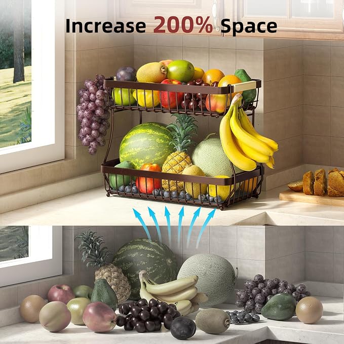 3-Tier Fruit Basket with Banana Hangers, Detachable Metal Bowl | Wooden handle, protective mats included. Versatile holder for bread, snacks, and veggies. Large 3 tier metal design.