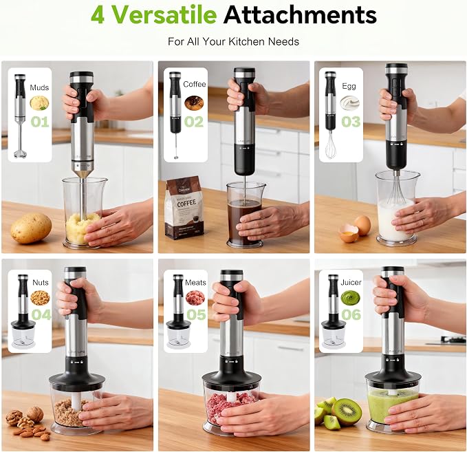 1200W Immersion Blender Handheld, 5-in-1 Variable Speed | Hand Blender Stick with Whisk Chopper Milk Frother Mixing Cup and Storage Rack for Kitchen Soup, Purees and Smoothies