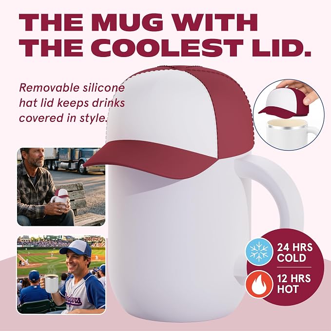 asobu Happy Hat Mug – 12 oz Double-Walled Stainless Steel Insulated Cup with Beanie-Shaped Lid – Ceramic Inner Coating – Spill-Proof and Ergonomic Design for Home and Travel (Red)