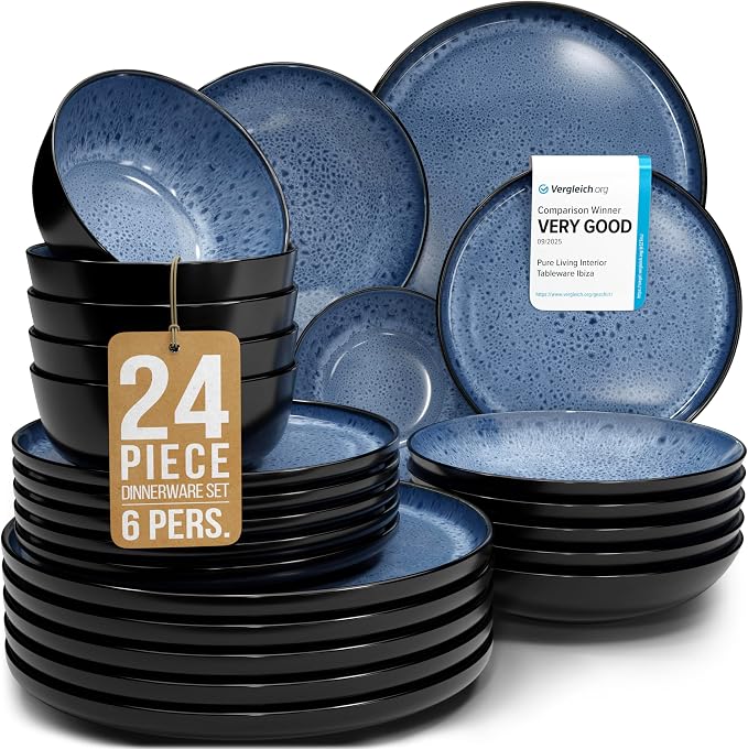 24 Piece Dinnerware Sets for 6 - Stoneware Tableware Set - Bowl and Plate Set - Dinner Service 6 persons - Tableware Sets Pure Living Black Deep Blue