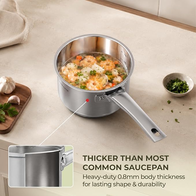 SUNHOUSE 3-Piece Stainless Steel Saucepan Set with Glass Lids | 1.5QT & 2QT & 3QT Small Sauce Pot Set for Cooking - Stainless Steel Milk Pan & Sauce Pan Set - Induction Compatible