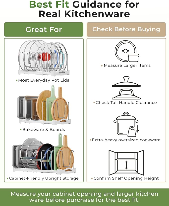 EVERIE Adjustable Cabinet Organizer for Pot Lids, Bakeware, Cookie Sheets & Cutting Boards, Upright Storage Rack for Kitchen Cabinet, Stable Dividers, 9.7" Deep, 12.6" to 21.5" Wide, GS02SS | 5mm Steel Dividers, Anti-Wobble, M-Slot for Lid Handles, BPA...